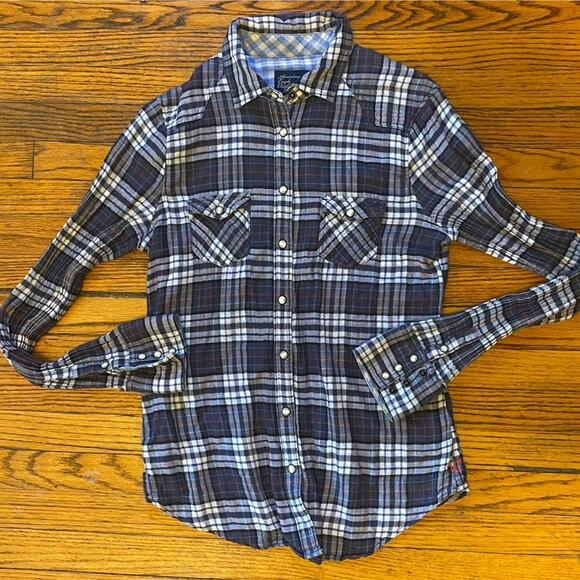 American Eagle Pearl Snap Shirt Women’s Sz 8 Checkered Plaid Blue White - Picture 1 of 8